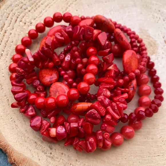 Natural Red Bamboo Coral & Genuine Jasper Gemstone Mixed Beads Bracelet Stack - Picture 2 of 11